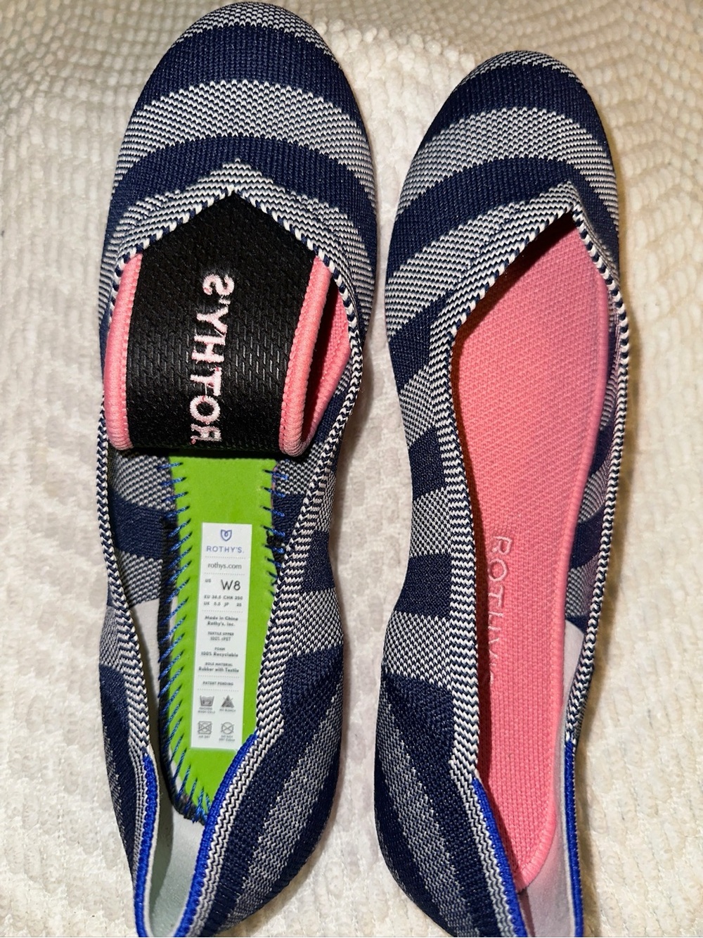 SZ 8- Rothy's The Flat- Navy & White Stripe with Pink Insole- NEW, no box- Sz 8